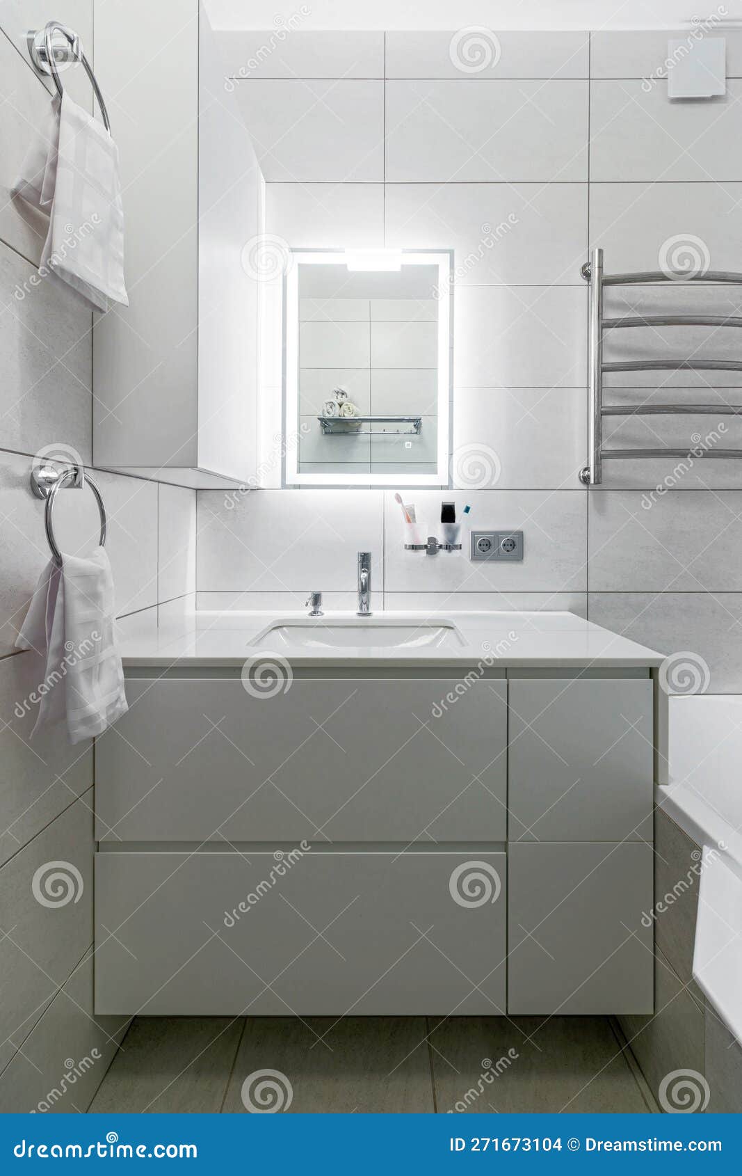Modern Bathroom in White Washer and Large Mirror with Backlight Stock