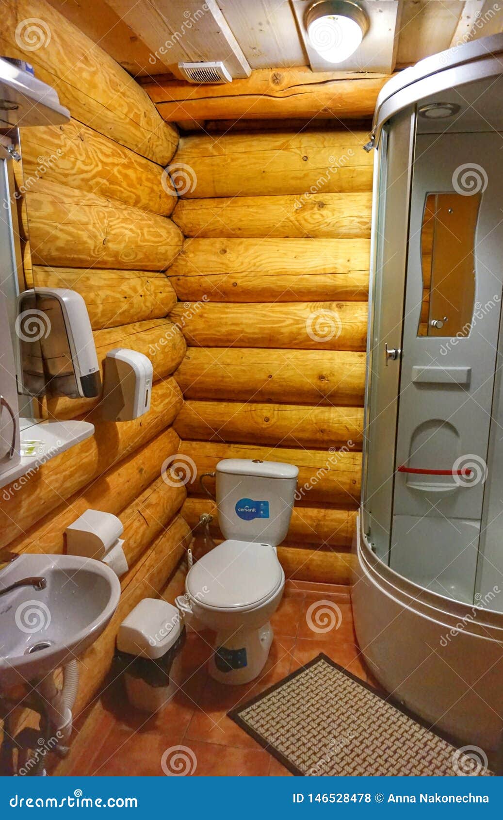 Modern Bathroom in a Wooden House. Editorial Stock Photo Image of hygiene, bathroom 146528478