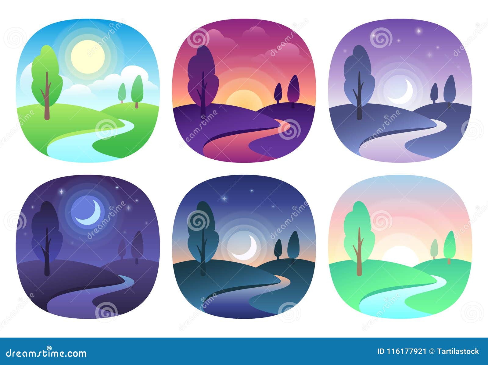 modern beautiful landscape with gradients. sunrise, dawn, morning, day, noon, sunset, dusk and night icon. sun time