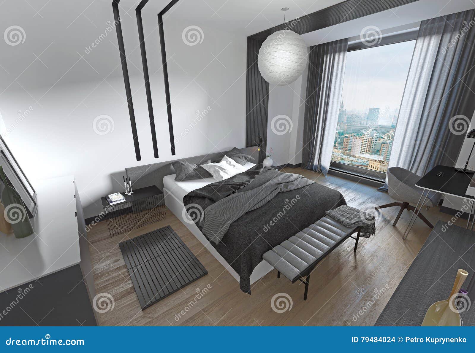 Modern Bed in the Bedroom, the Contemporary Style. Stock Illustration