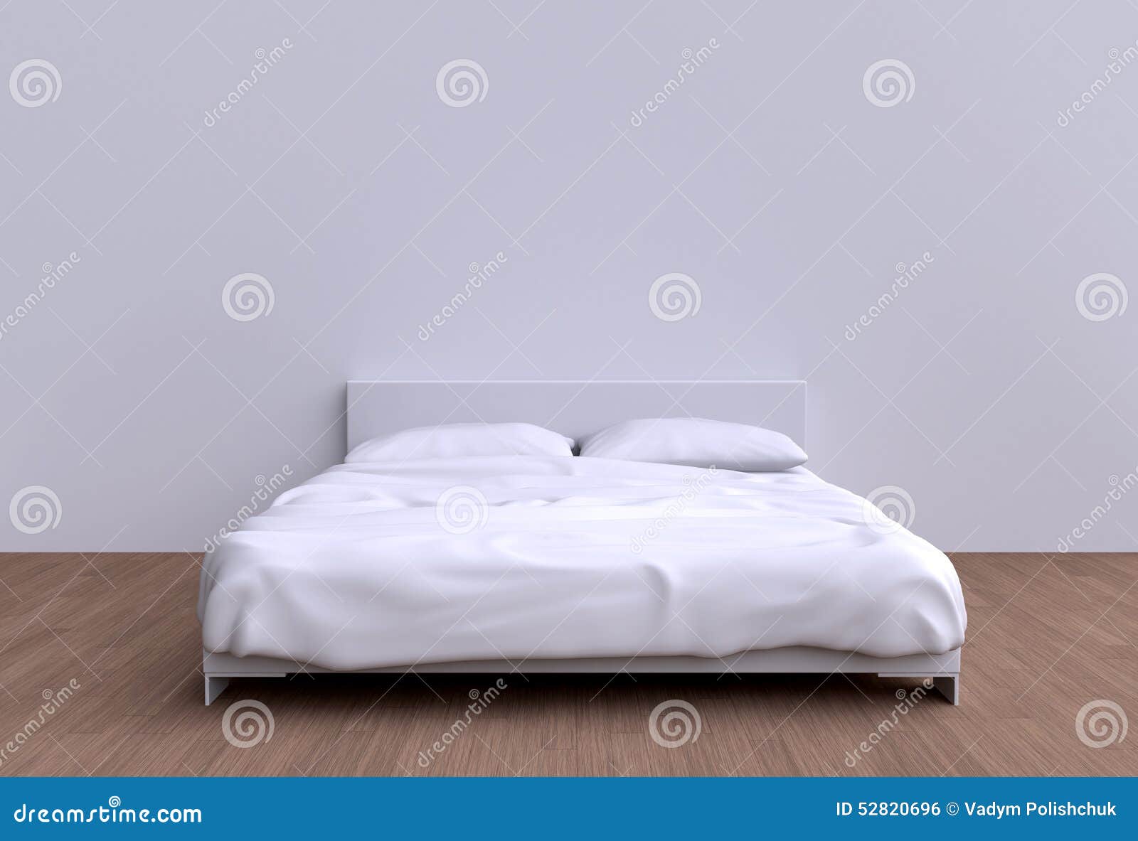 Modern Bed with Two Pillows Against the Wall of the Room. Stock