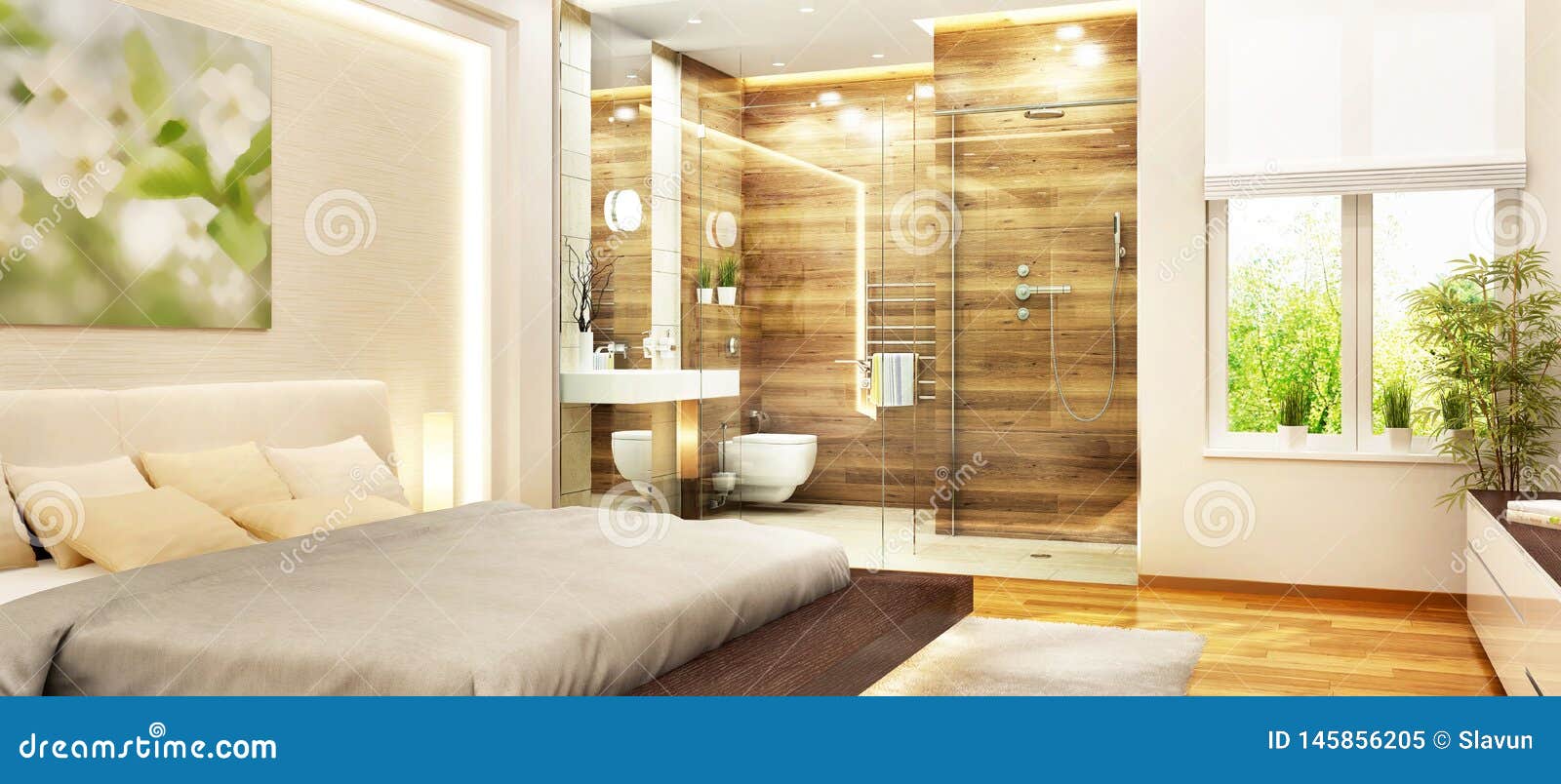 Modern Bedroom with Modern Bathroom and Window Stock Image - Image of ...