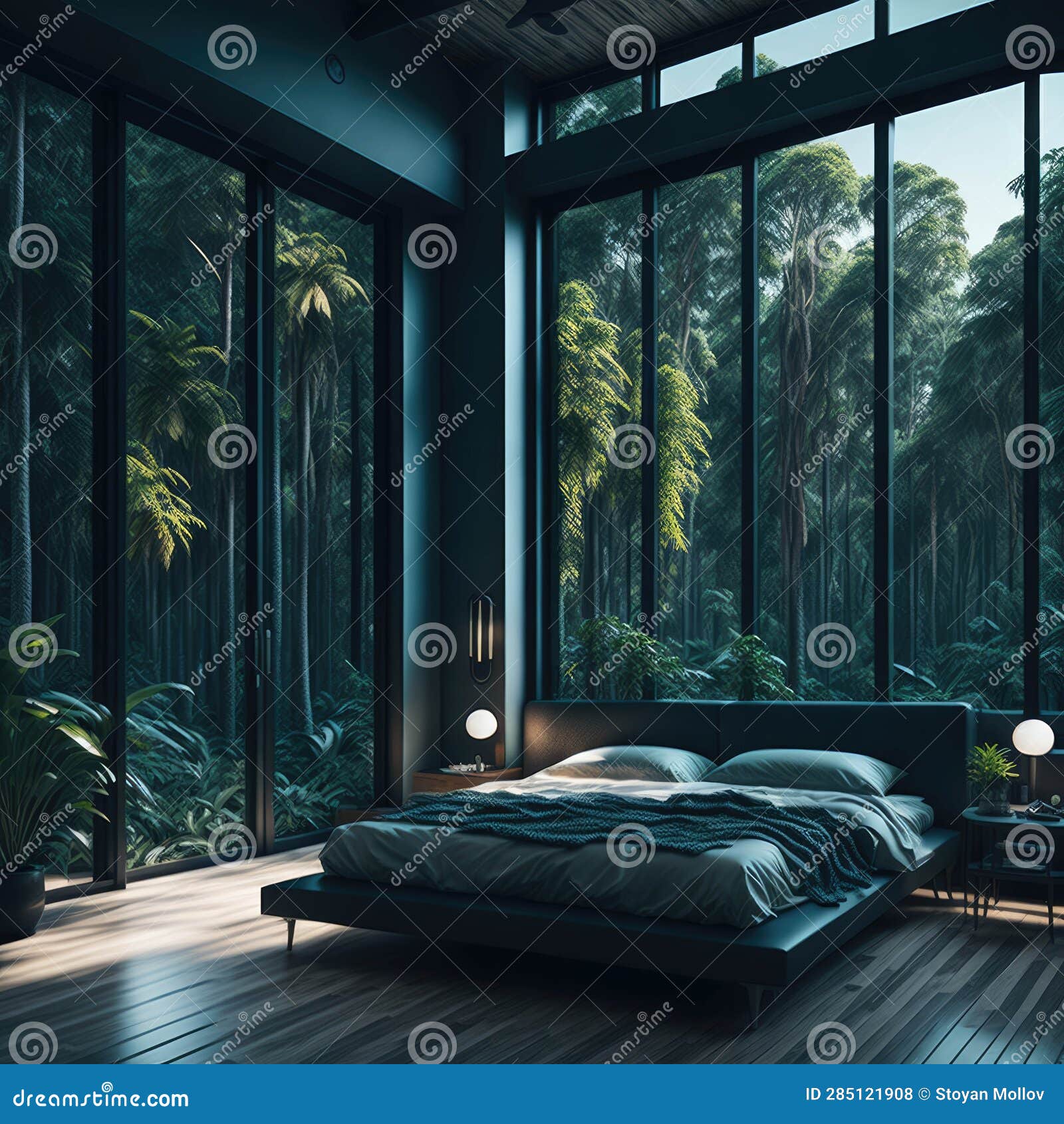Modern Bedroom Design with Big Panoramic Windows, Tropical Rainforest