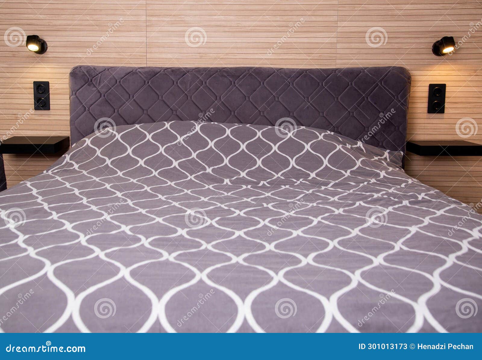 Modern Bedroom Interior with Bed and Headboard Lamps. Stock Image Image of lighting