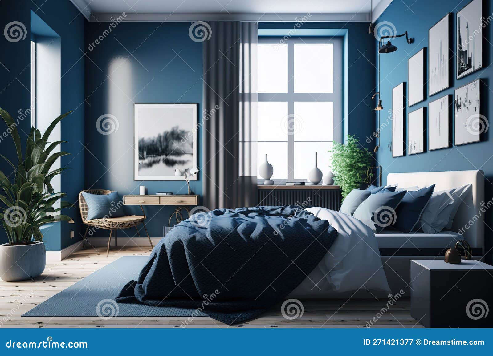 A Modern Bedroom Interior in Blue Color Stock Illustration