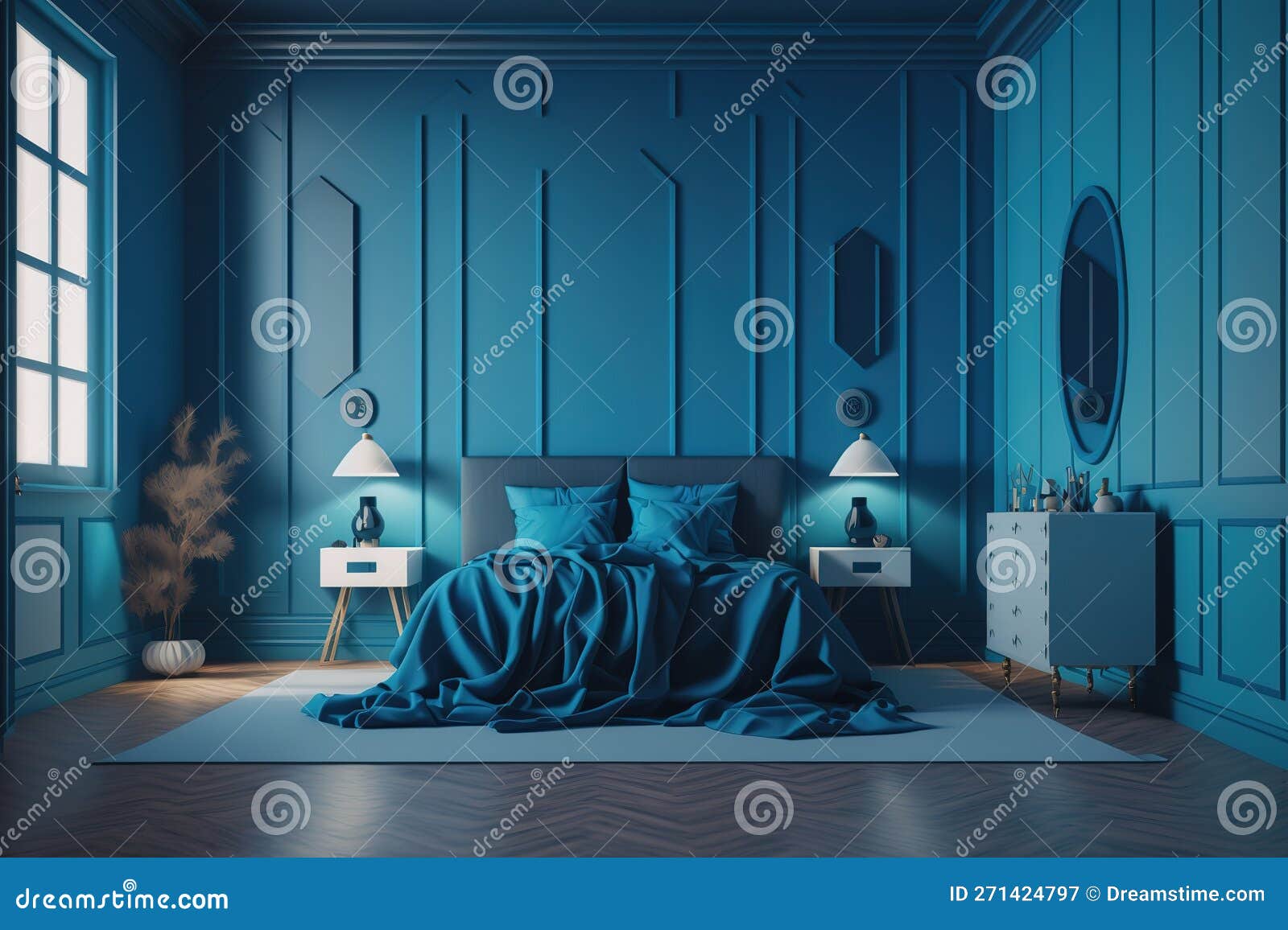 A Modern Bedroom Interior in Blue Color Stock Illustration
