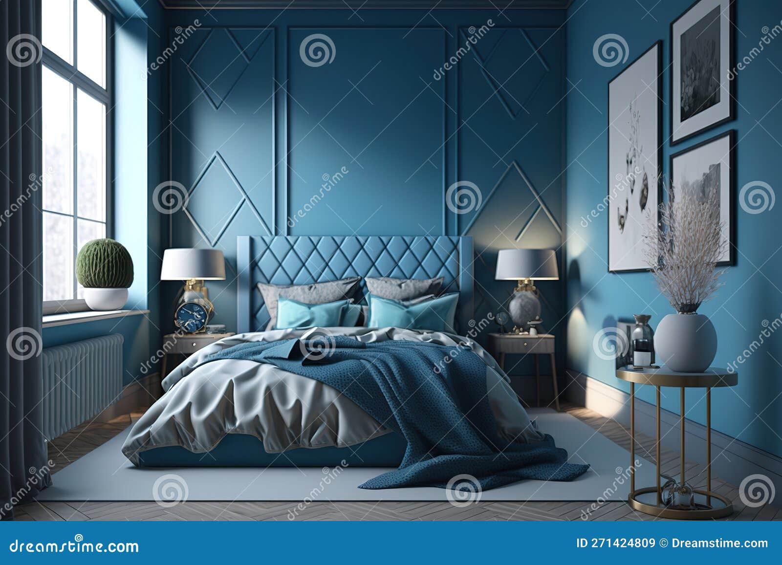 A Modern Bedroom Interior in Blue Color Stock Illustration