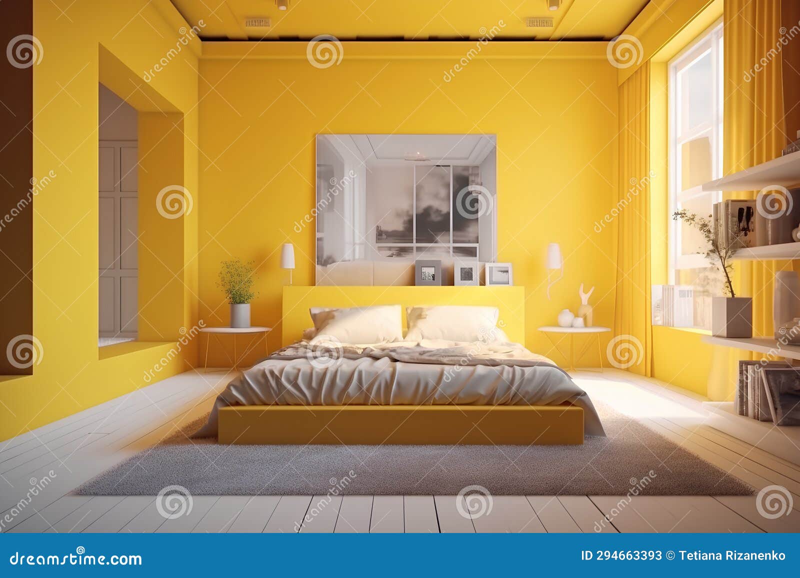 Modern Bedroom Interior. Bright Yellow Color Stock Illustration