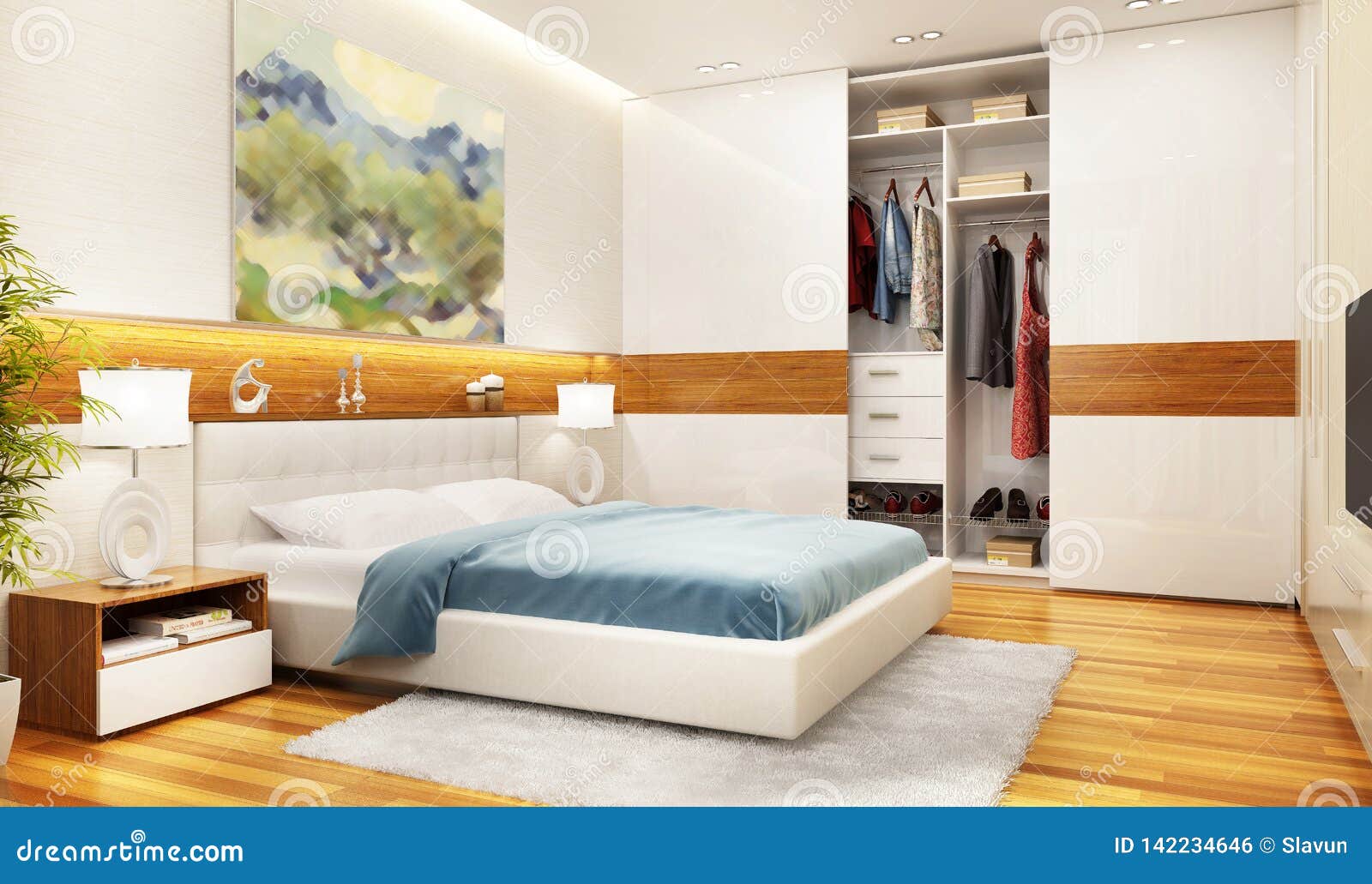 modern bedroom interior  with large sliding wardrobe