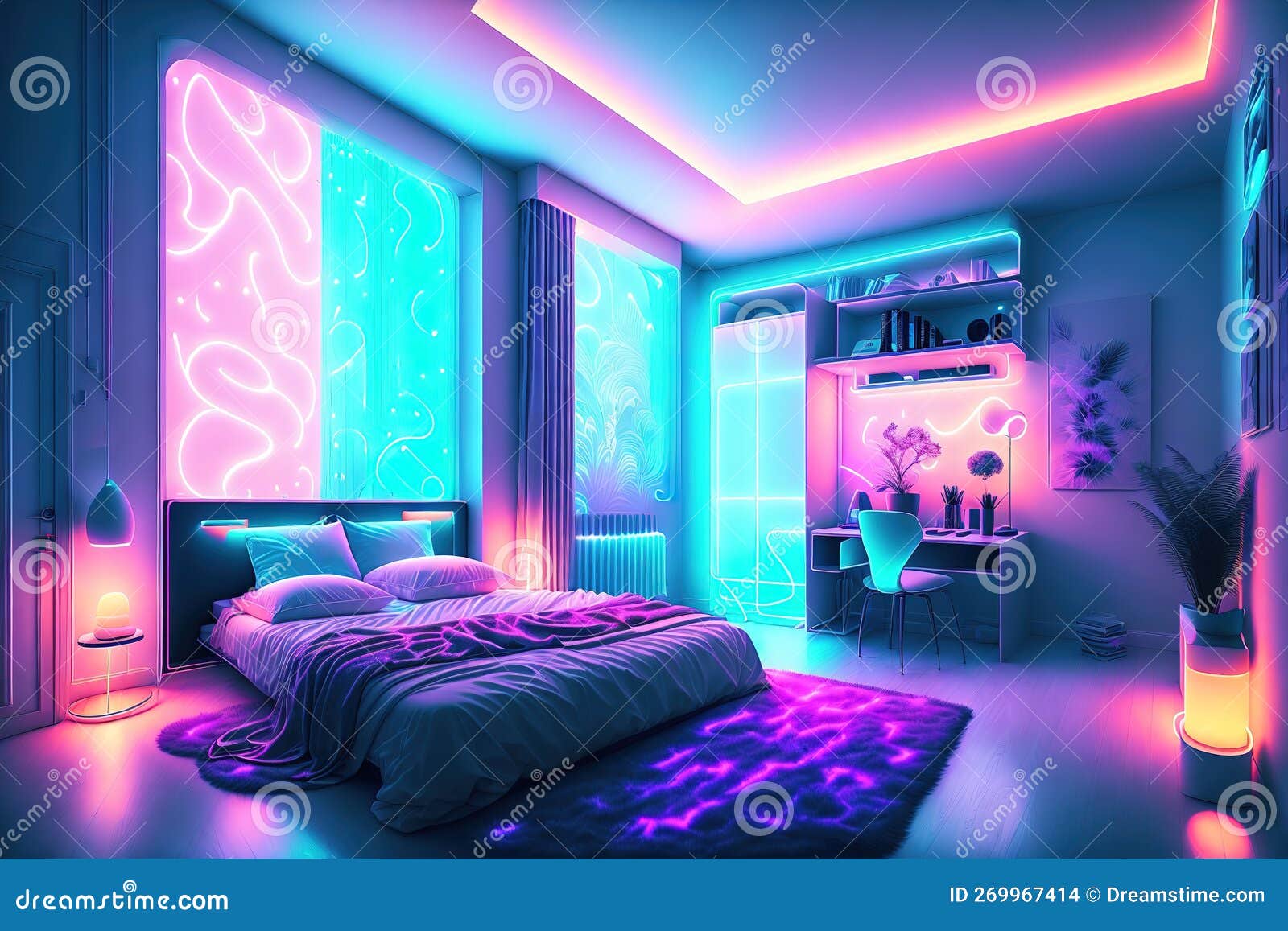 Modern Bedroom Interior with Neon Lights by AI Generated Stock