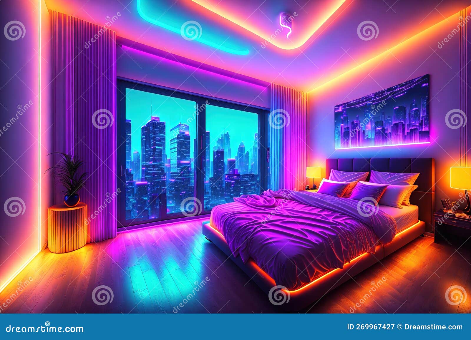 Modern Bedroom Interior with Neon Lights by AI Generated Stock