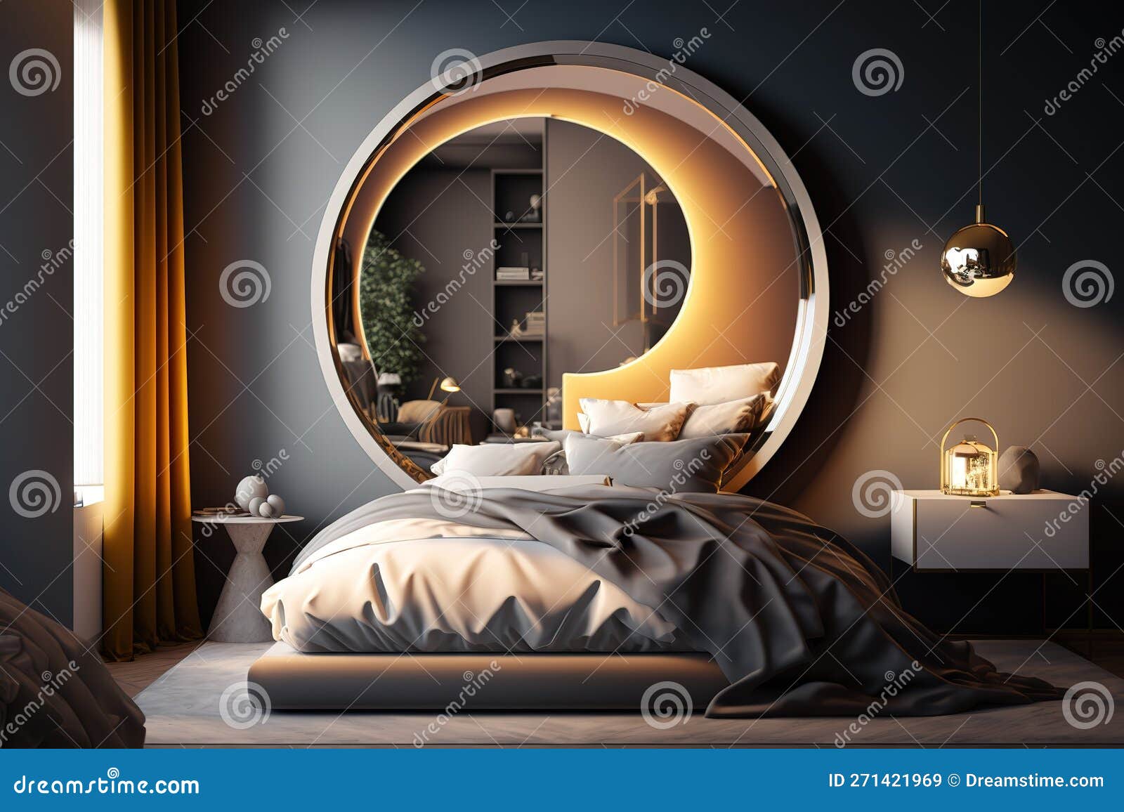 Modern Bedroom Interior with Stylish Round Mirror Stock Illustration