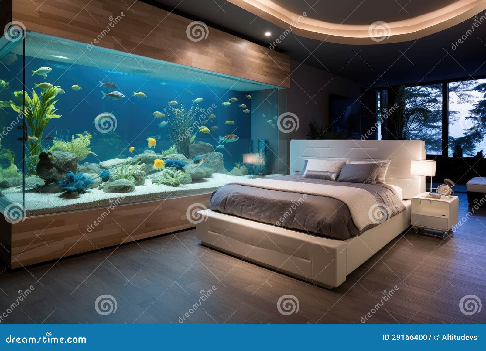 Modern Bedroom with a Large Fish Aquarium Stock Image Image of home