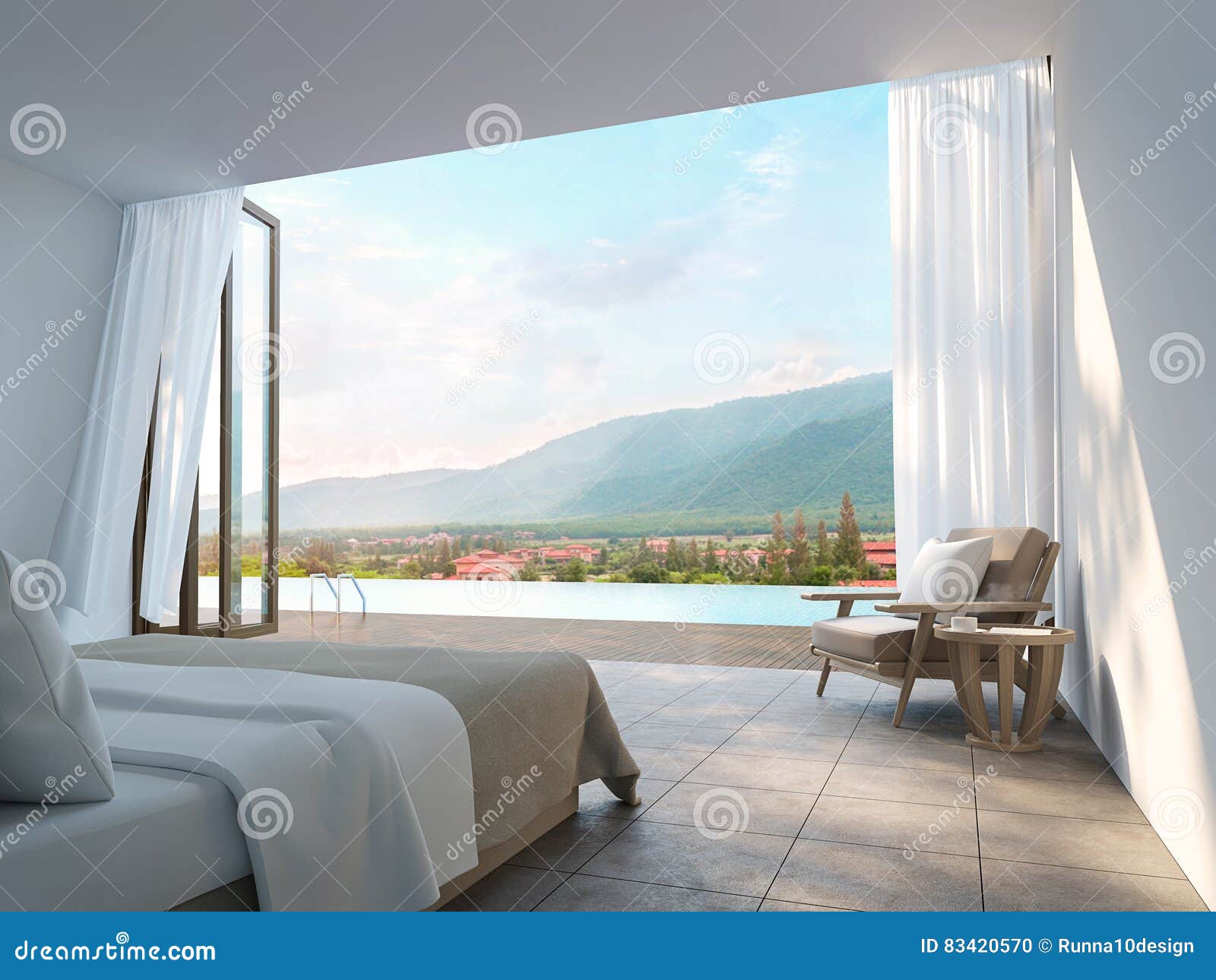 Modern Bedroom With Mountain View 3d Rendering Image Stock