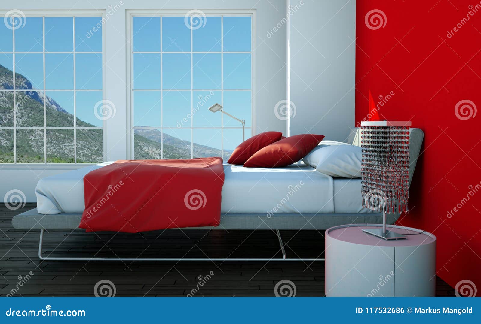 Modern Bedroom with Red Wall and Modern Decor Stock Illustration