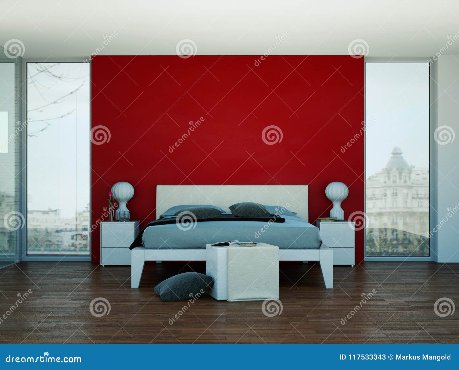 Modern Bedroom with Red Wall and Modern Decor Stock Illustration