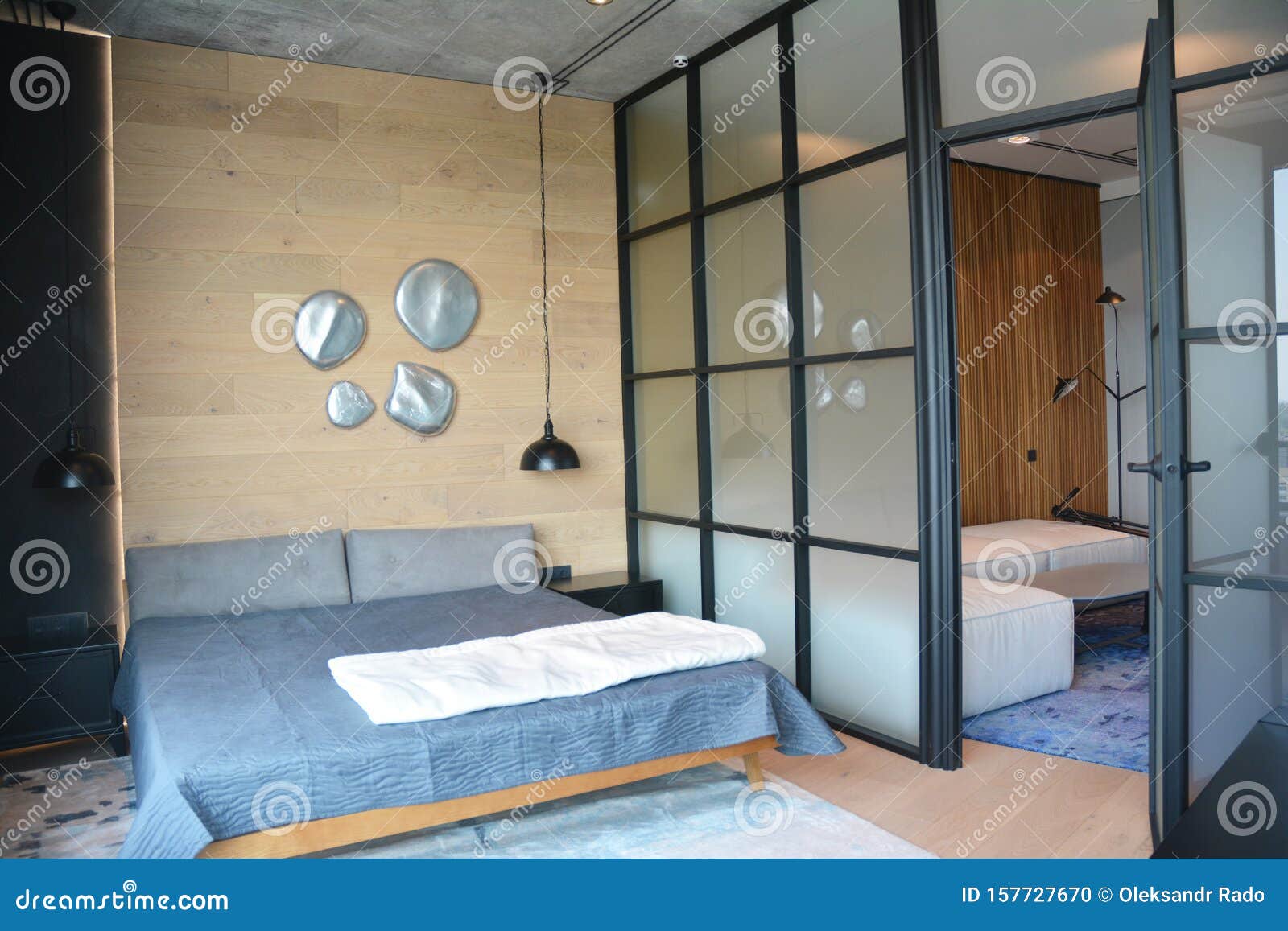 Modern Bedroom After Remodeling And Renovating With Contemporery Glass Wall And Loft Interior Design Stock Photo Image Of Pillow Door 157727670