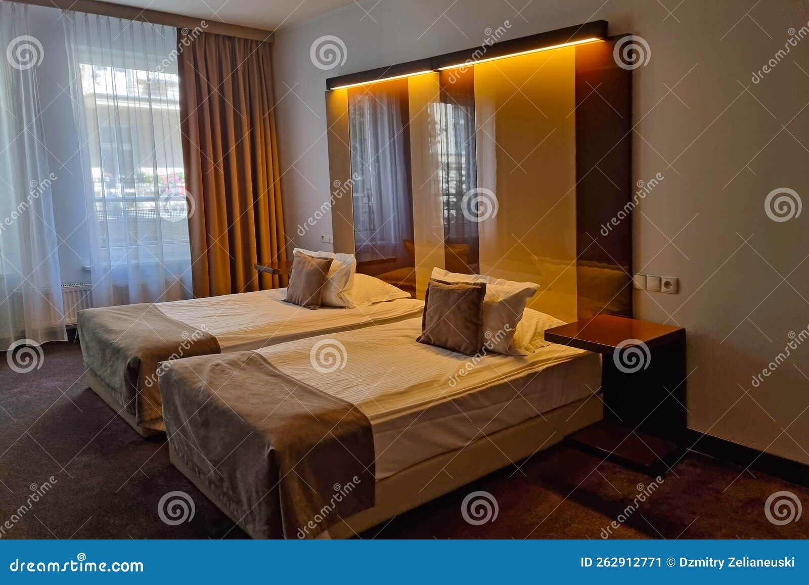 Modern Bedroom with Separate Beds with Lighting. Stock Image Image of