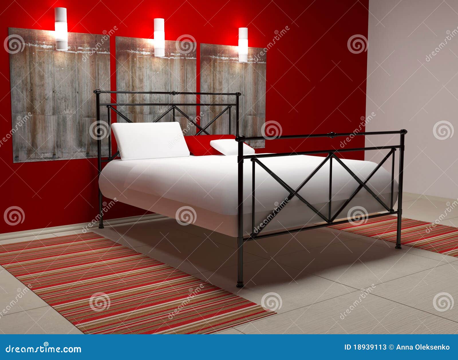 Modern binnenland van een slaapkamer met een muur van donkere ...