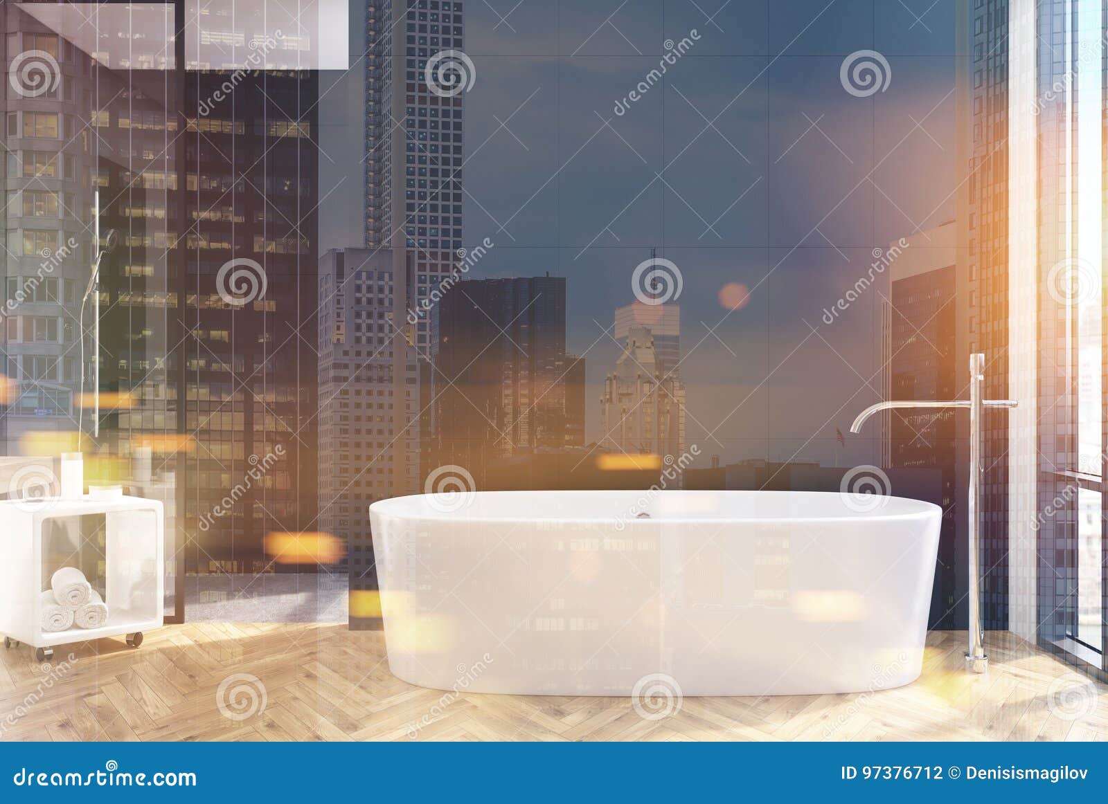 Modern Black Bathroom Interior, Night City, Double Stock Illustration ...