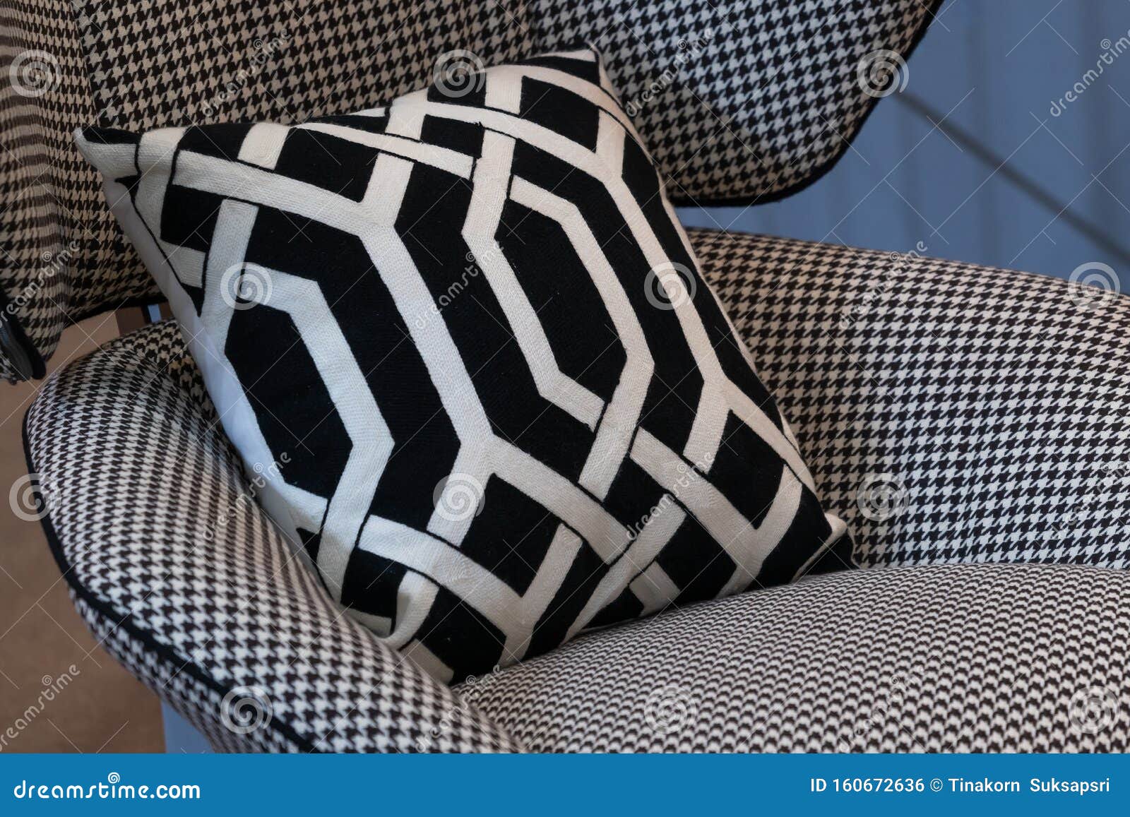 Modern Black and White Fabric Pillows Checkered Pattern Stock Photo