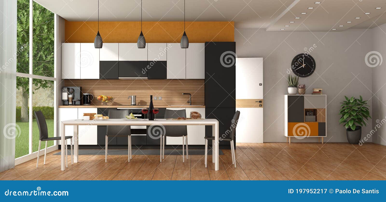 Modern Black and White Kitchen with Dining Table Stock Illustration