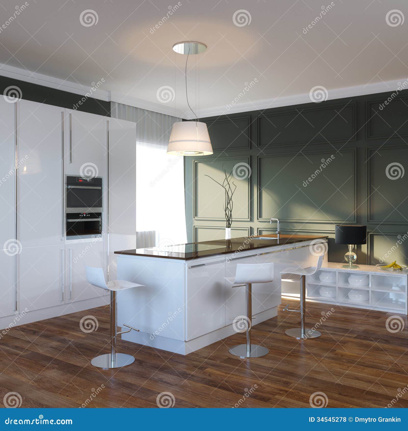 Modern Black and White Kitchen Interior Stock Illustration
