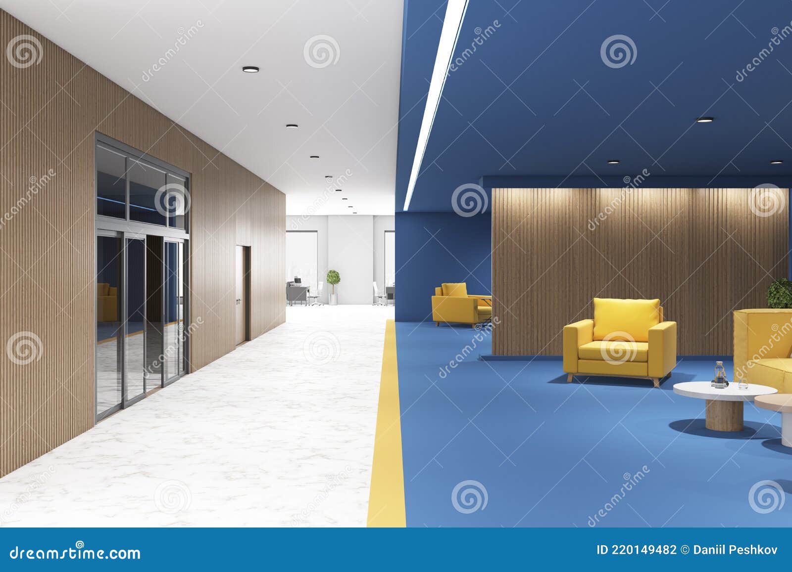 Modern Blue Office Interior with Yellow Furniture and Wooden Wall. 3D  Rendering Stock Illustration - Illustration of architecture, real: 220149482