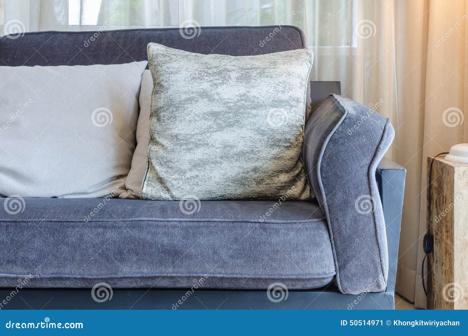 Modern Blue Sofa with Pillows in Living Room Stock Image Image of