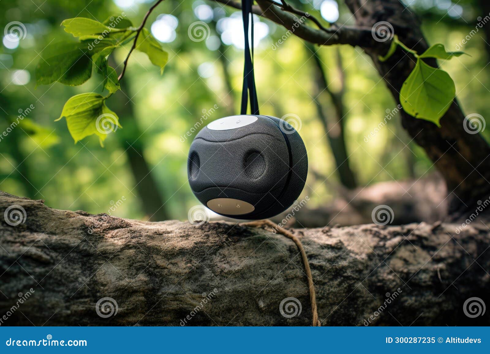 A Modern Bluetooth Speaker Hanging from a Tree Branch Stock Image