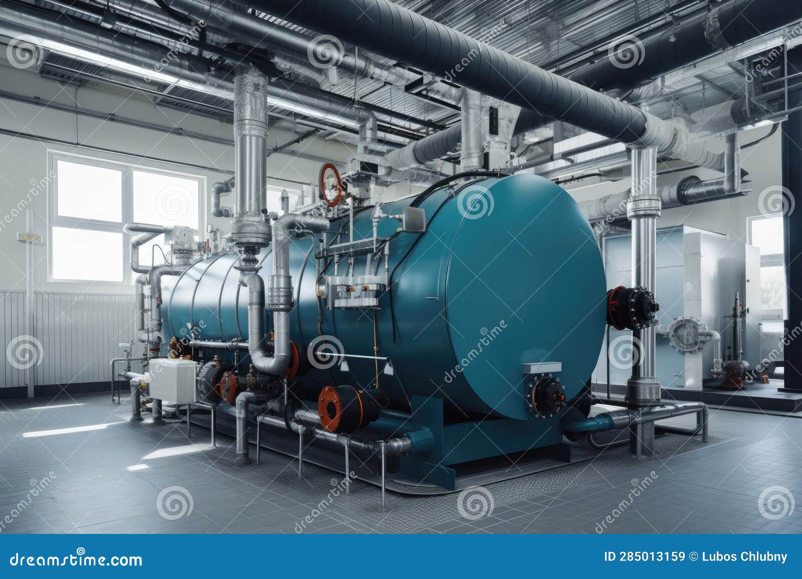 Modern Boiler Room with Gas Boilers, Industrial Heating. Stock