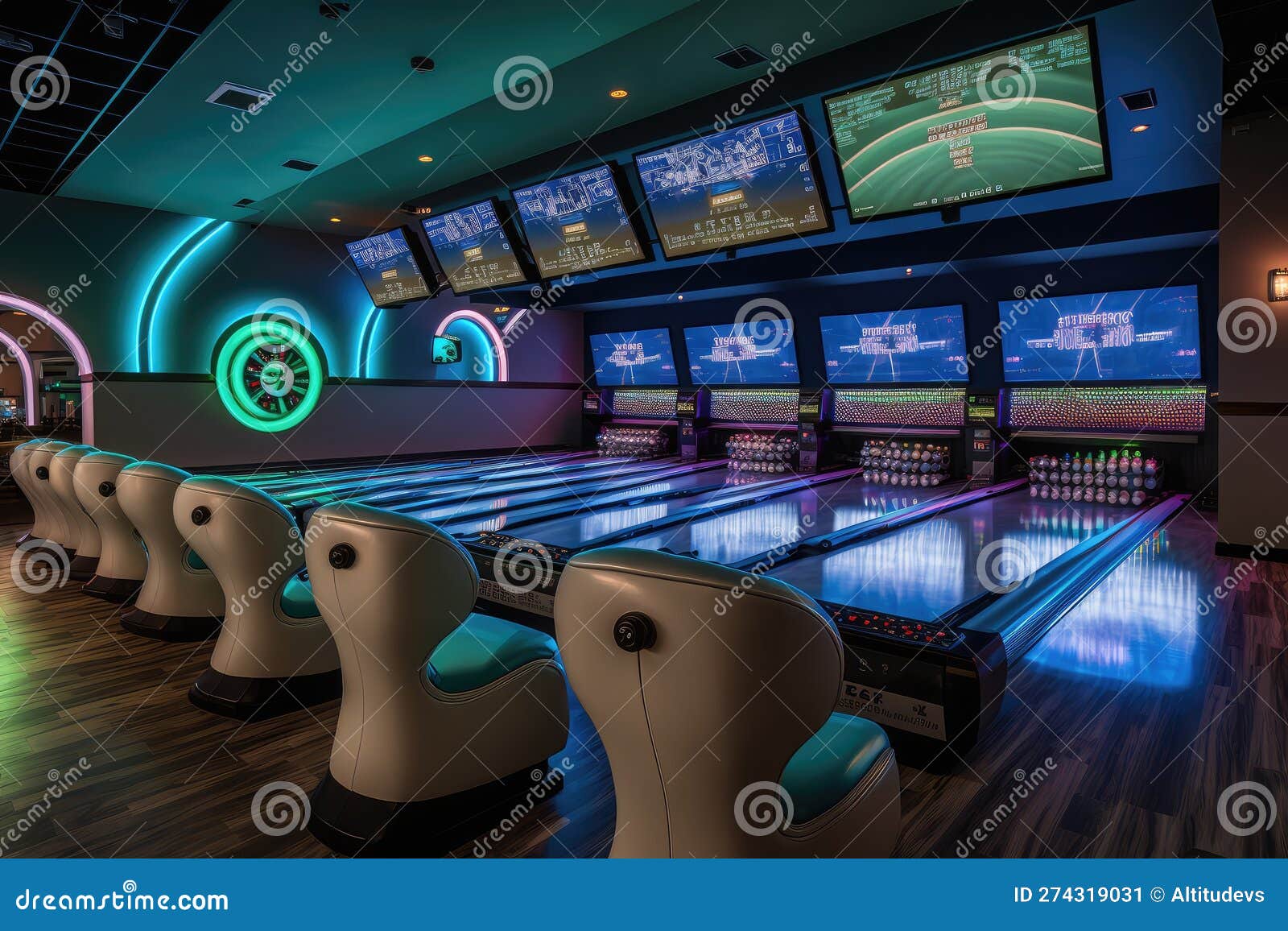 Modern Bowling Alley with Sleek Design and Technology, Including Interactive Screens for Players To Track Their Scores Stock Illustration