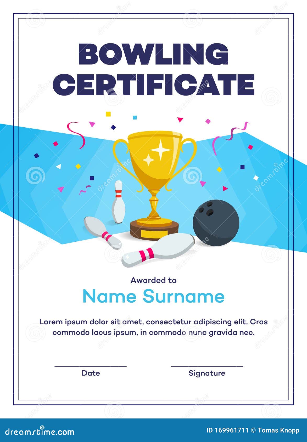 Bowling Certificate Diploma With Golden Cup Vector. Sport Award