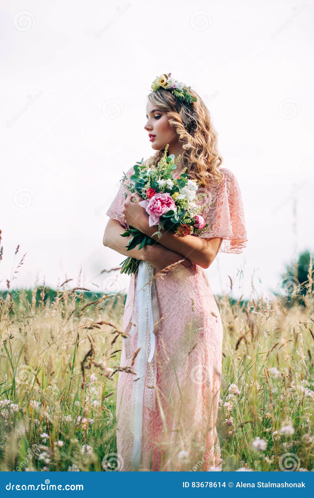 Modern Bridal Style Boho Fashion Wedding. Enchanting bride with tiara on nature background