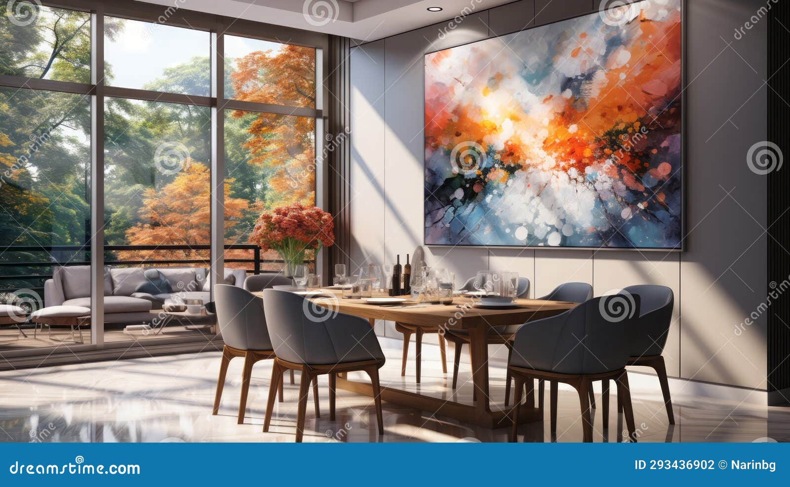 Modern Bright Dining Room Interiors with Art Wallpaper Stock