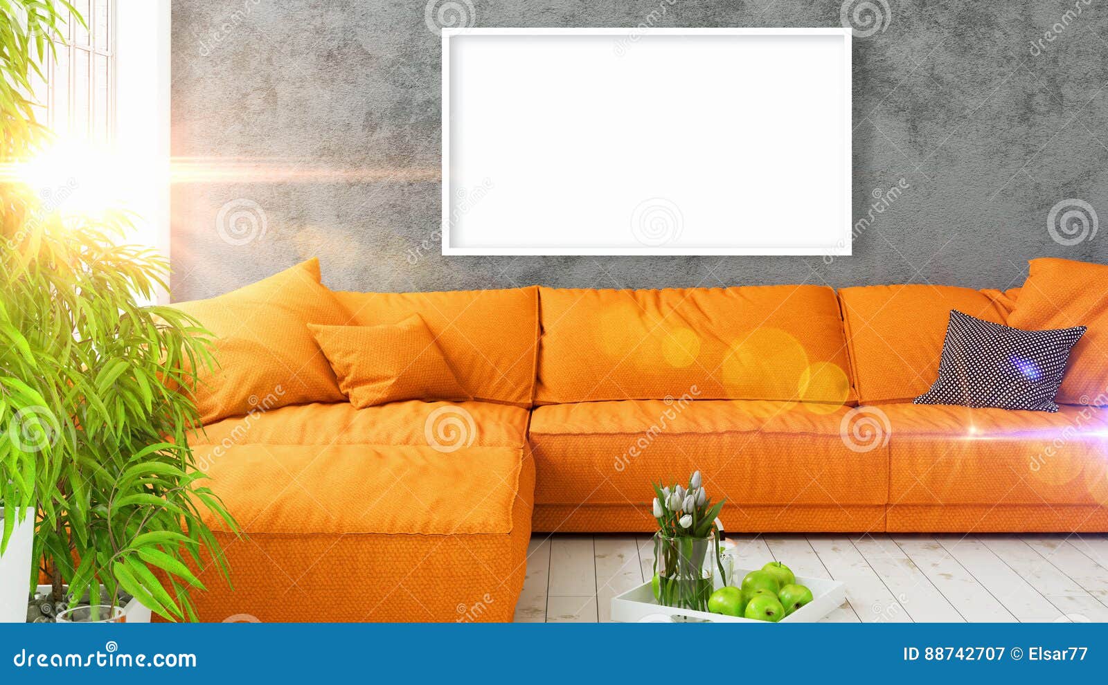 Modern Bright Interior with Empty Frame . 3D Rendering Stock