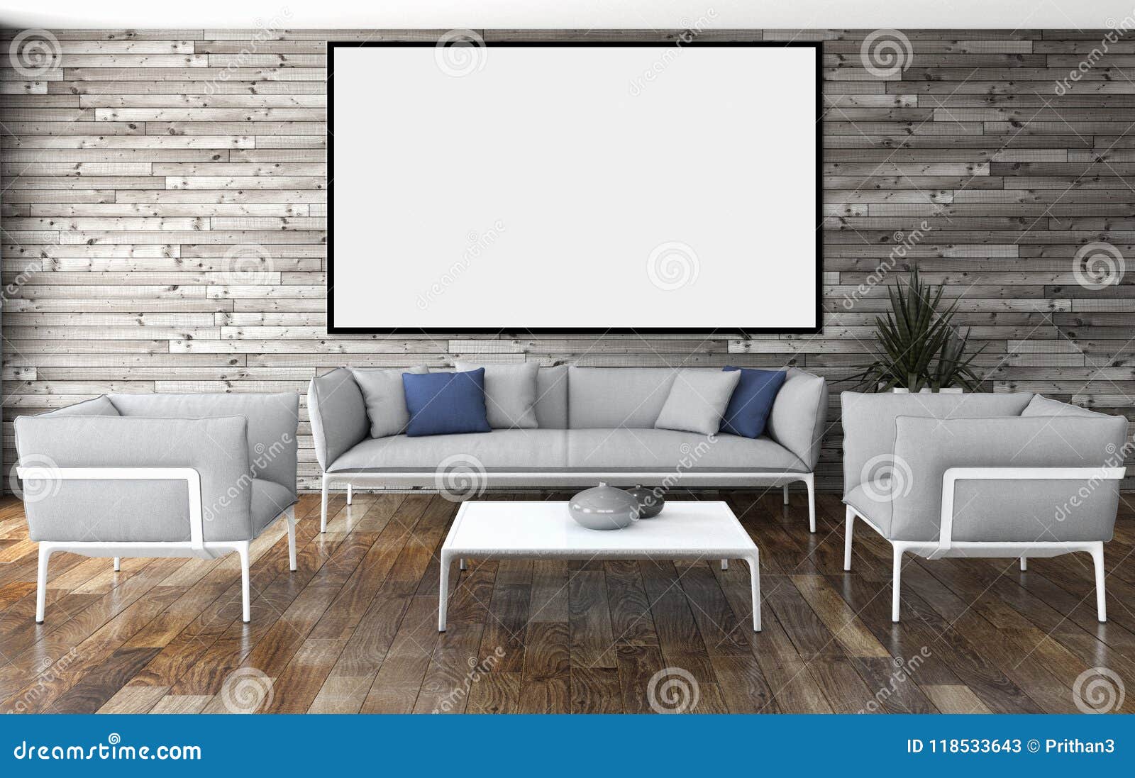 Modern Bright Interiors Apartment with Mockup Poster Frame 3D Rendering