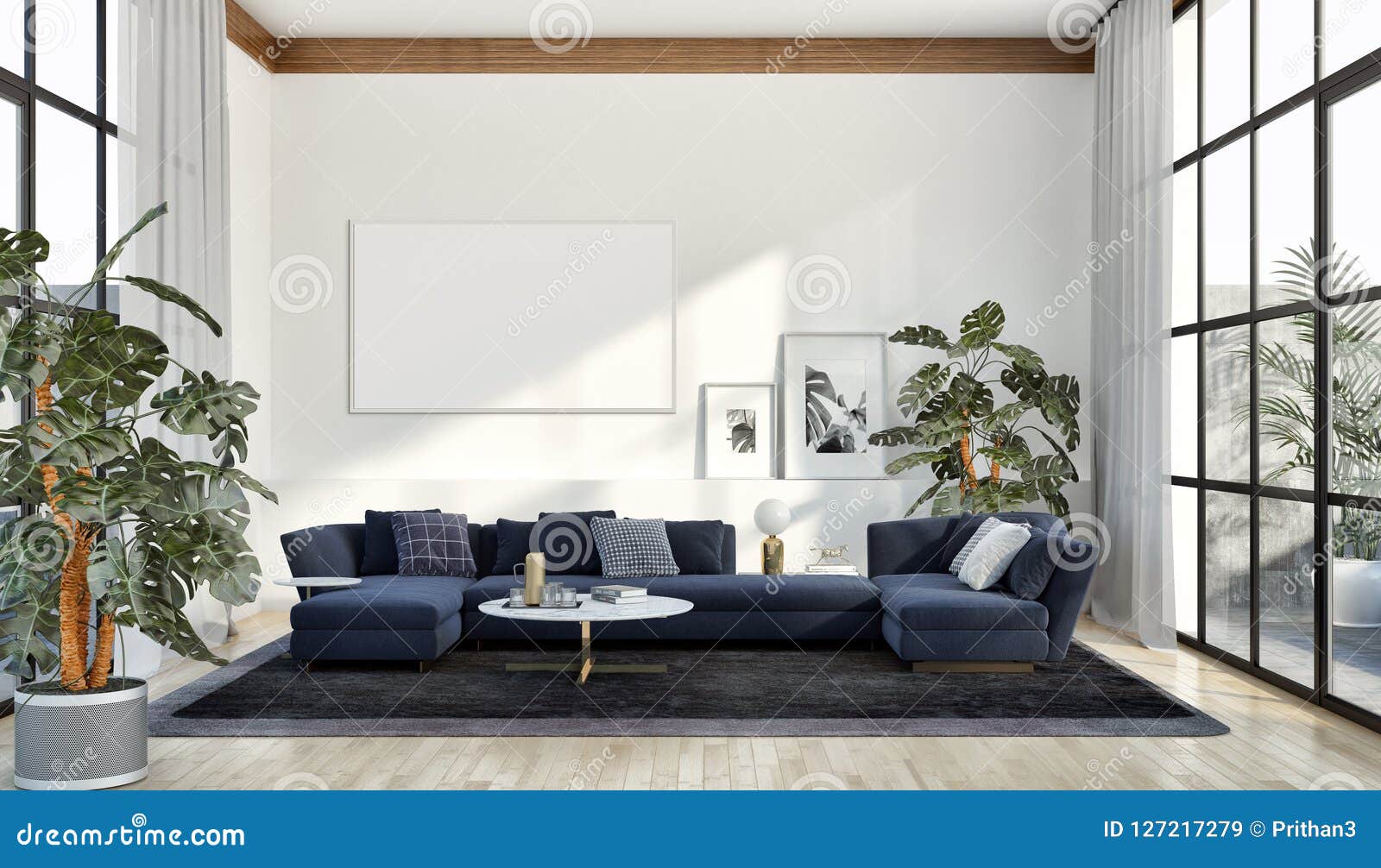 modern bright interiors apartment with mock up poster frame  3d rendering computer generated image
