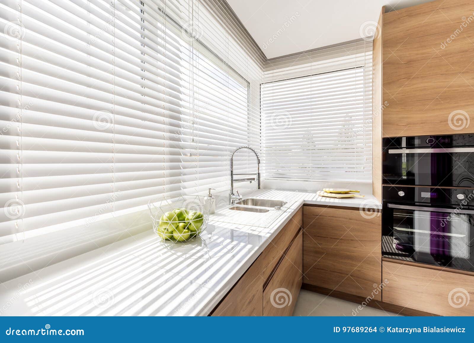 Kitchen With White Window Blinds Stock Photo Image Of Minimalist Household 97689264