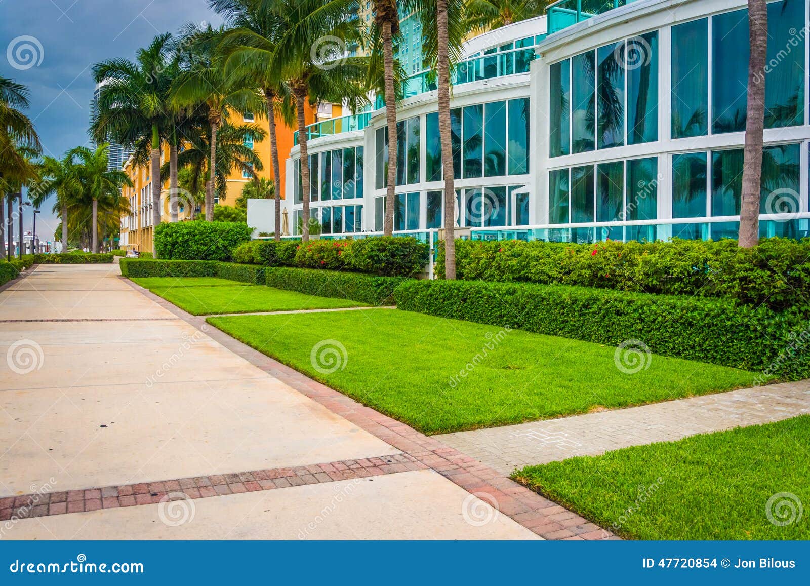 Modern Buildings and Walkway in South Beach, Miami, Florida. Stock
