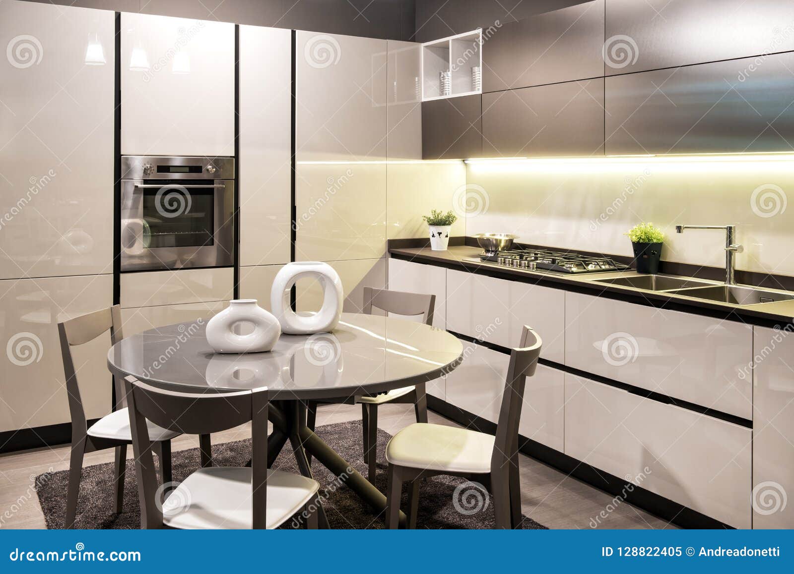 Modern Built In Kitchen With Circular Dining Table Stock Image Image Of Sink