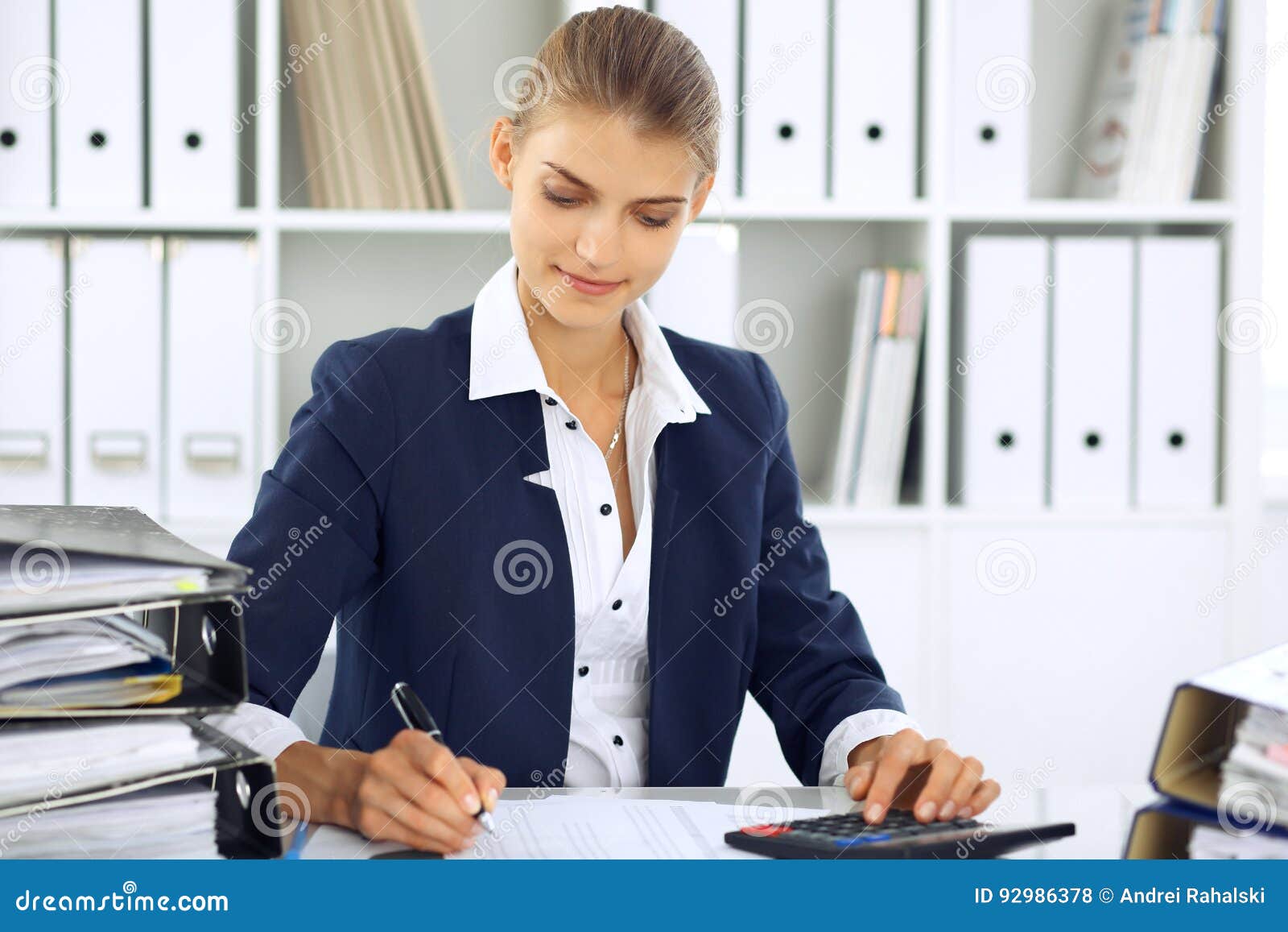 modern business woman or confident female accountant in office. student girl during exam preparing. audit, tax service