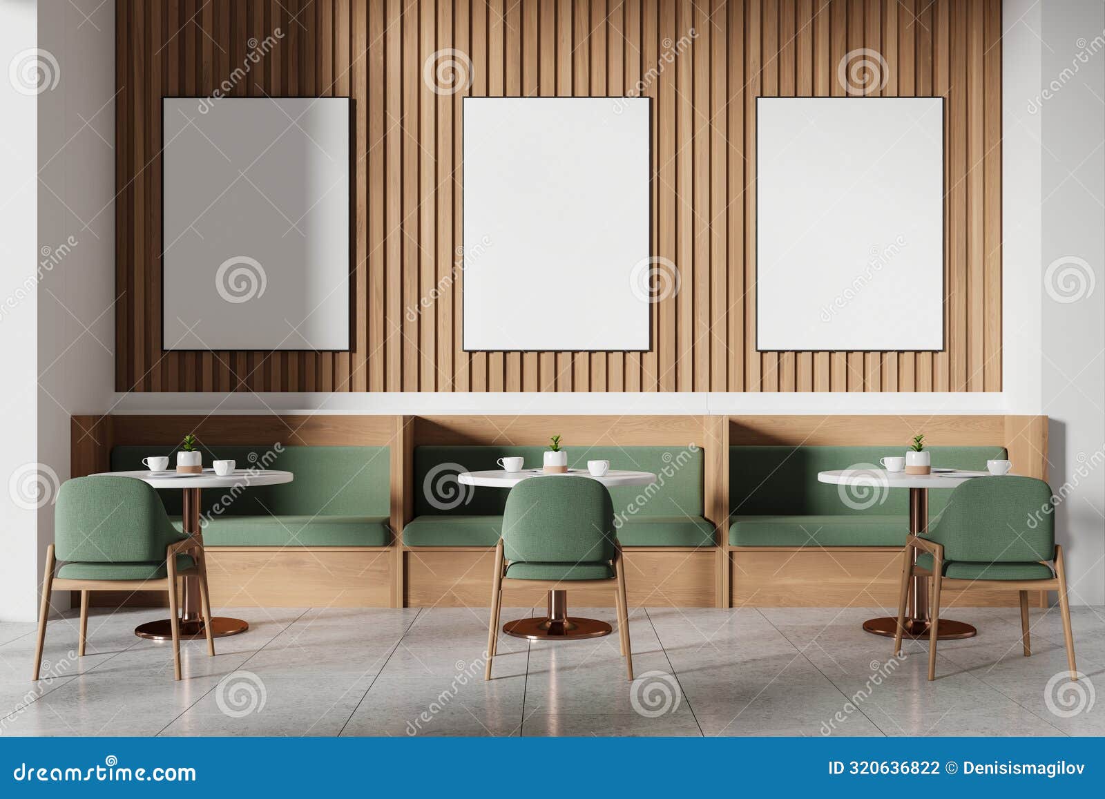 modern cafe with green chairs, wooden wall panels, three empty frames, and white tables, light background. cozy dining concept.
