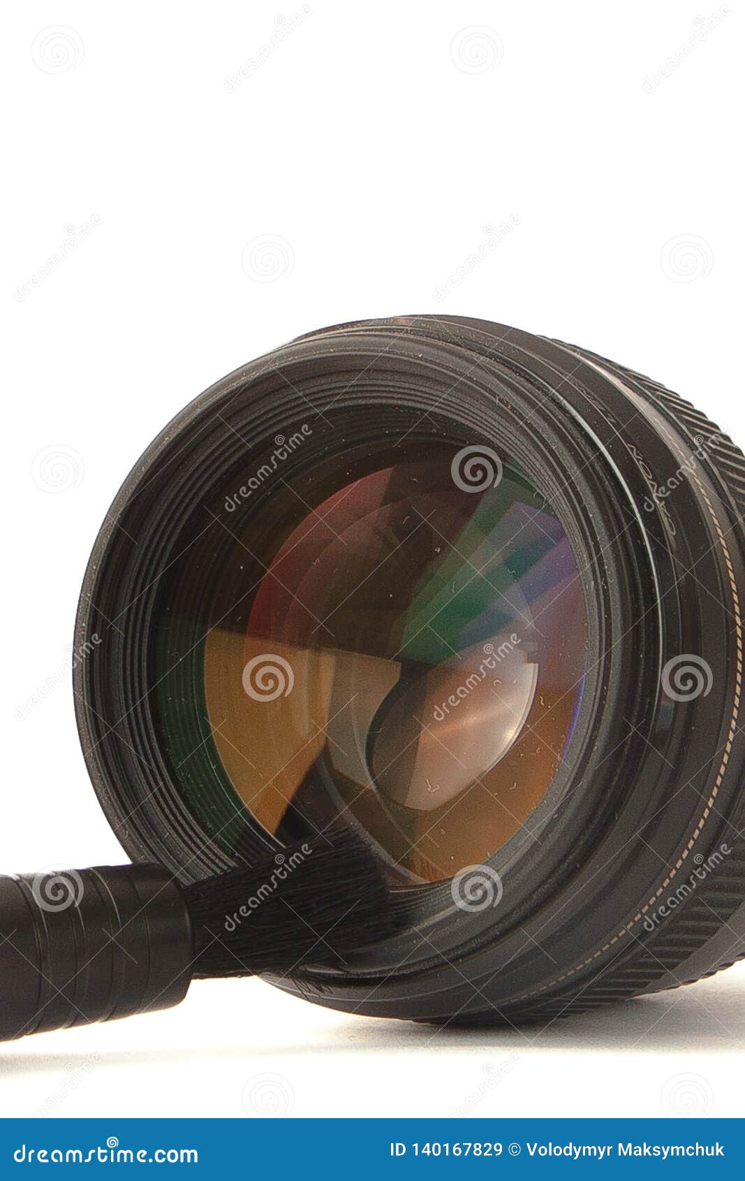 Modern Camera Lens Cleaning with Brush Close Up View Stock Image