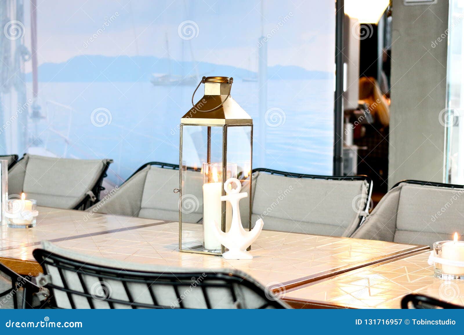 Classic Candle Light Lantern On Dining Table Stock Image