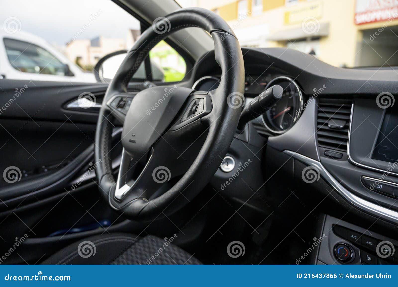 Modern Car Interior Steering Wheel, Gearshift Lever, Multimedia System
