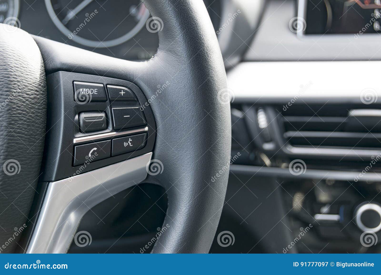 Modern Car Steering Wheel with Media Control Buttons, Car Interior