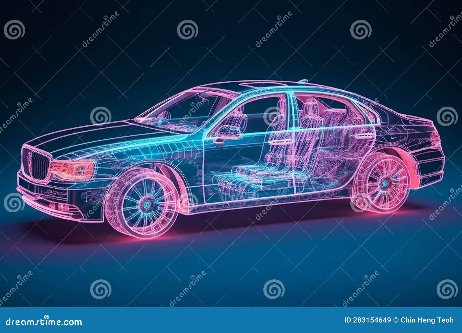 Modern Car Wire Model on a Blue Background. Generative AI Stock
