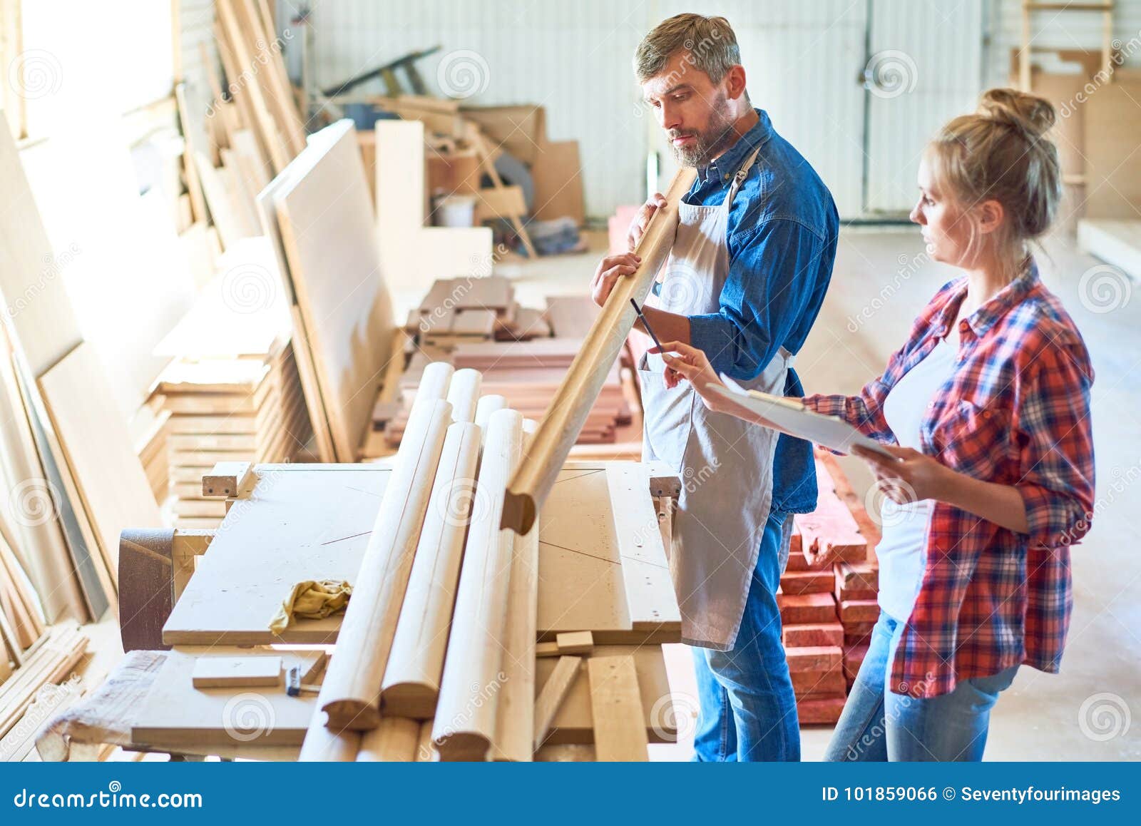 Modern Carpenters Choosing Wood Stock Photo Image of manufacturing, business 101859066