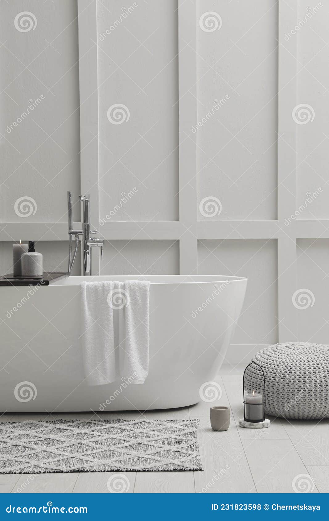 Modern Ceramic Bathtub Near White Wall Indoors Stock Photo Image of